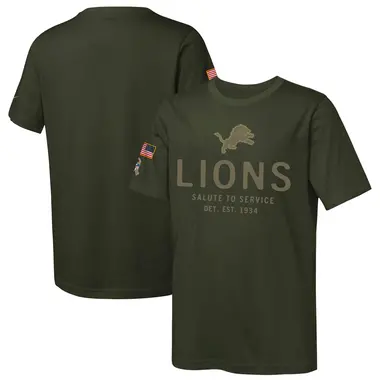 Youth Olive Detroit Lions 2025 Salute to Service Sideline T-Shirt